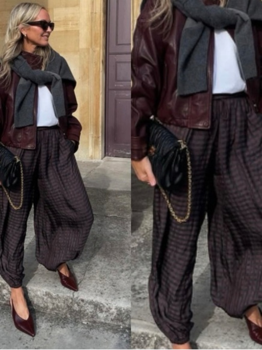Zara Burgundy Checked Wide-Leg Pants - Picture 1 of 10